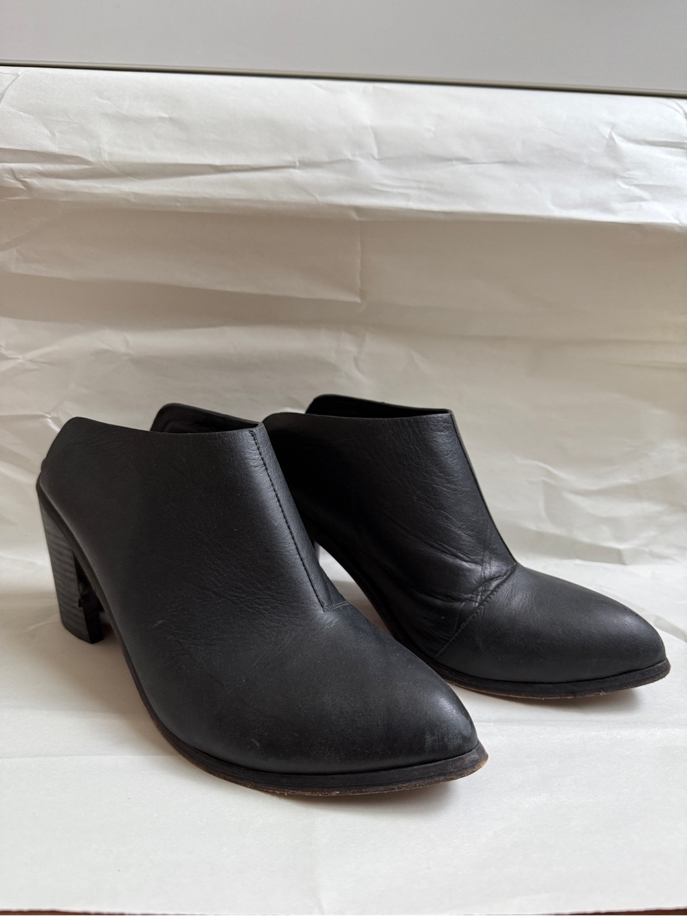 Smooth Black Leather Block-Heel Mules